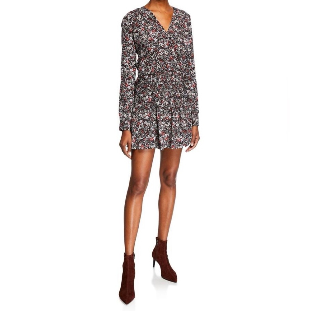 Veronica Beard Women’s Naomi Floral-Print Long Sleeve V Neck Silk Mini Dress 4